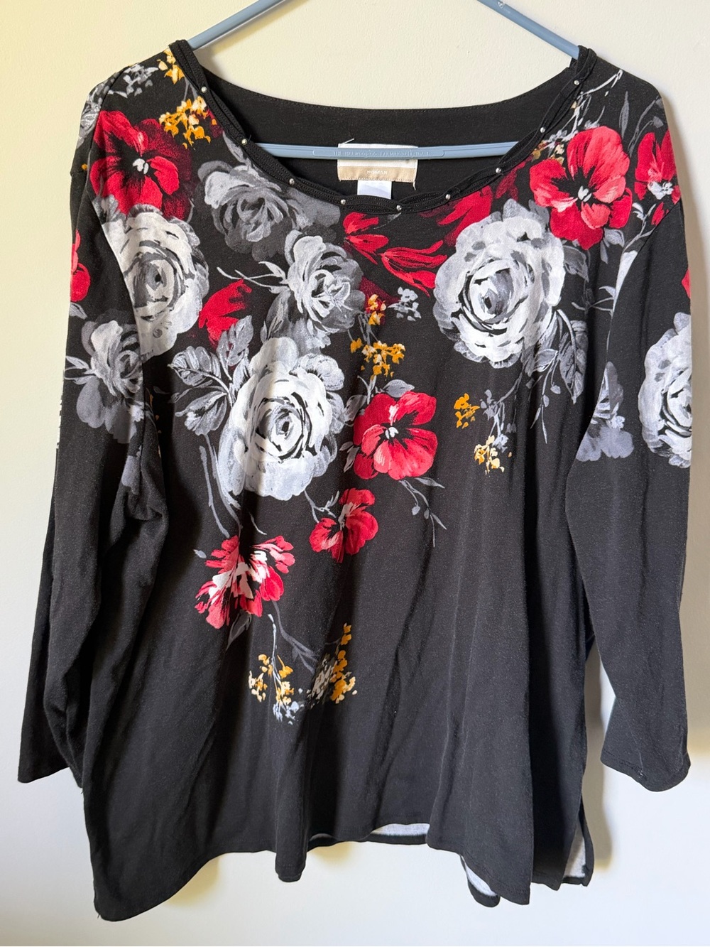 Alfred Dunner Black Long-Sleeve Top with Red, White & Yellow Floral Print